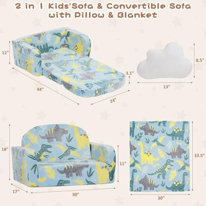Extra Wide Kids Couch, 2-in-1 Soft Toddler Couch with Blanket, Glow in The Dark, Comfy Toddler Chair with Cloud Pillow, Convertible Sofa, Dinosaur