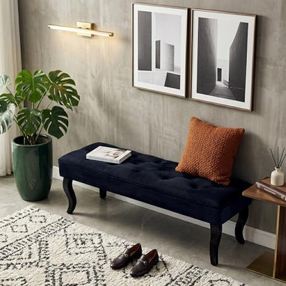 JHY DESIGN 40" L Dutch Velvet Ottoman Bench Upholstered End of Bed Bench with Wooden Legs and Button-Velvet Soft Bench for Bedroom Entryway Sofa Living Room Balcony Hallway (Navy Blue)