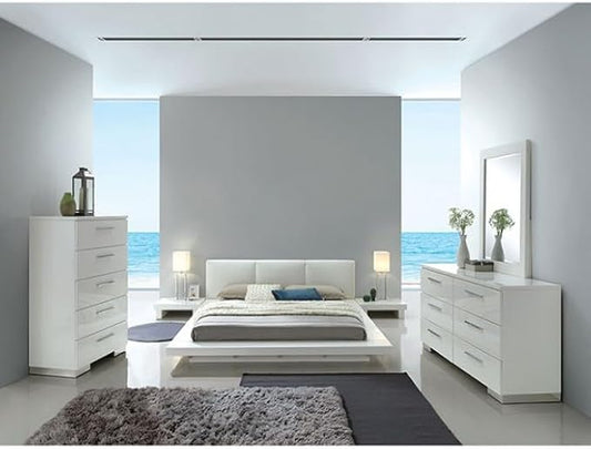 First of a Kind Queen Size Contemporary Bedroom Furniture 5 Piece Set in White - Low Profile Bed, Padded Headboard & High Gloss Finish - Bed, Dual Nightstands, Dresser, Mirror & Storage Chest Set