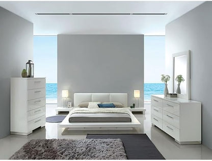 First of a Kind Queen Size Contemporary Bedroom Furniture 5 Piece Set in White - Low Profile Bed, Padded Headboard & High Gloss Finish - Bed, Nightstand, Dresser, Mirror & Storage Chest Set