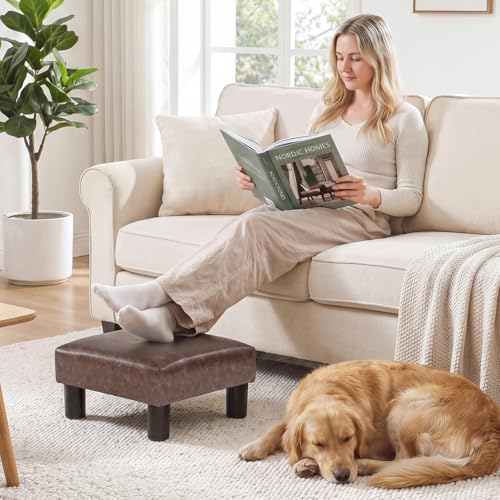 Joveco Small Footstool Ottoman Upholstered PU Leather Square Footrest Ottomans Small Foot Rest for Desk Couch Living Room Bedroom Office (Brown)