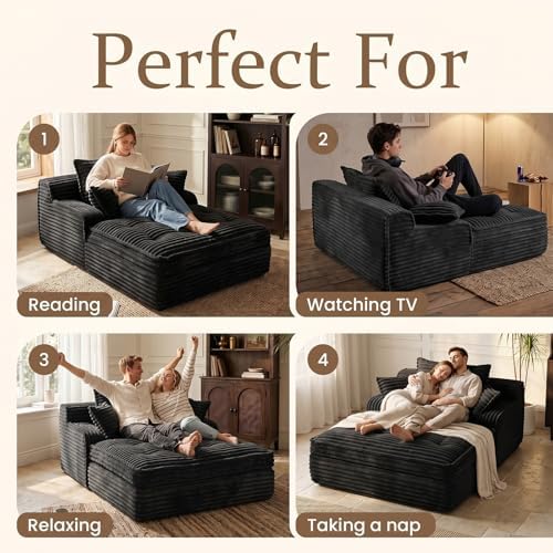 Boneless Chaise Lounge Couch Indoor, Oversized Corduroy Upholstered Sofa Bed Reading Chairs with 3 Pillows, Comfy Cloud Sofas Couches, Deep Seat Sleeper Couch for Bedroom Living Room