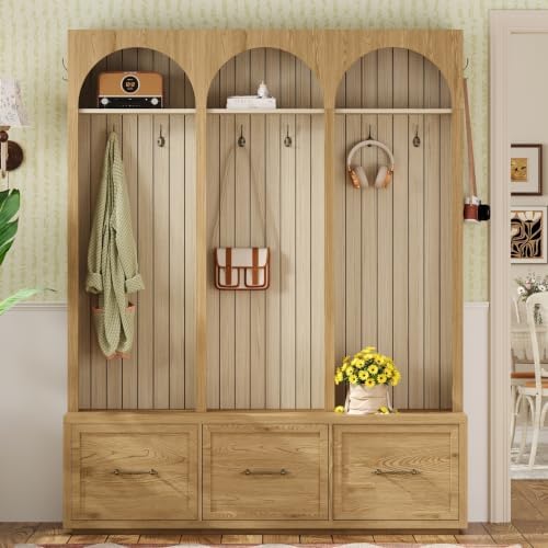 Merax Farmhouse Wood Hall Tree with Shoe Bench and 3 Drawers, Natural
