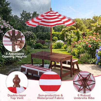 Costzon 4-in-1 Kids Picnic Table with Umbrella, Sand & Water Sensory Bins
