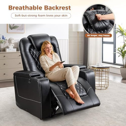 ANJ Faux Leather Power Recliner with USB & Cup Holders, Black