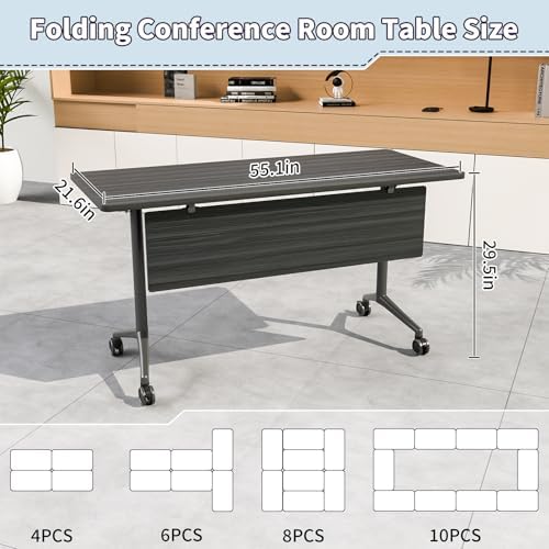 Folding Conference Table, Conference Room Tables with Wheels Foldable Large Rectangle Meeting Seminar Table for 6-12 People, Flip Top Mobile Training Table for Office Classr (6, Black, 55.1in)