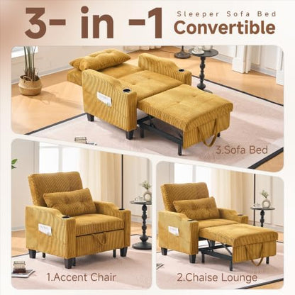 Corduroy Convertible Sleeper Chair, 3 in 1 Sleeper Chair Bed Pull Out Sofa Bed Chair, Single Sofa Bed Adjustable Backrest Chair Bed Sleeper for Adults Reading Living Room, Yellow