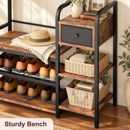 CABIHOME Hall Tree Shoe Bench for Entryway, Coat Rack Entryway Bench with Storage Drawer, 5-In-1 Coat Rack Storage Shelf and 8 Hooks, Coat Tree for Small Spaces, Retro Brown