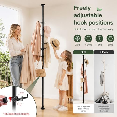 Coat Rack Freestanding, 56 to 125 inch Adjustable Tension Rod Hanger with 12 Hooks for Hanging Coat, Plant,Jacket, Hat, Scarf, Suitable for Living Room, Balcony, Kitchen Black