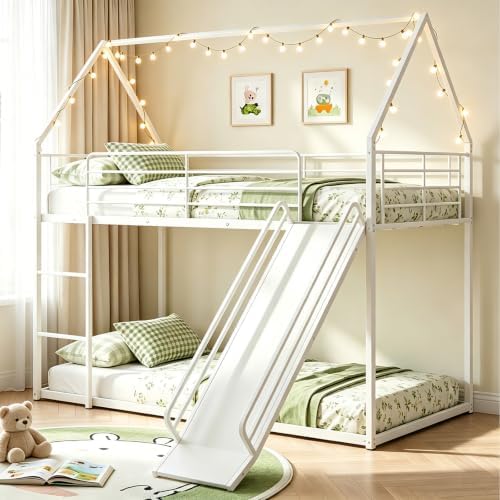 KOTEK Twin Over Twin House Bunk Bed with Slide, White