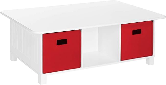 RiverRidge Kids 6 Cubby Storage 2pc Activity Table, White with Red Bins
