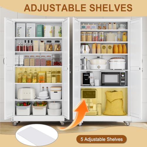 74" H Metal Pantry Storage Locker Cabinet with Wheels,Rolling Farmhouse Kitchen Pantry Cabinet with 2 Doors and 5 Adjustable Shelves,Steel Garage Tool Cabinet Organization for Home,Gym,School,White