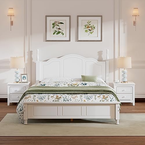 Merax 3 Pieces Mid Century Wood Bedroom Set with Queen Size Platform Bed with Classic Headboard, Nightstand with 2 Drawers White