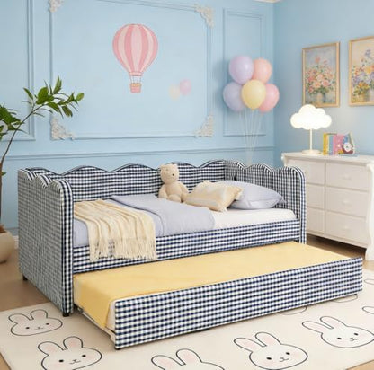 Bellemave Twin Size daybed with Trundle for Adults, Kids, Girls, Teens, daybeds with Trundle for Living Room, Linen,Navy Gingham(Mattress not Included)