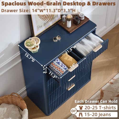 LEYAOYAO Fluted 6 Drawers Dresser for Bedroom, 42" Tall Modern Chest of Drawers with Metal Handle,Curved Profile Design,Navy Blue Wood Drawer Organizer for Bedroom, Living Room, Hallway, Entryway