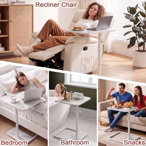 GOYLSER Large C Shaped Tv Trays Living Room End Table End Stand, White Marble Minimalist Wooden C Table for Sofa, Height Adjustable Tv Tray Tables Side Table for Dinner Eating