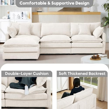 ZEIINPA L Shaped Modular Sectional Sofa, 102" Comfy Upholstery Chenille Deep Seat Cloud Couch with Ottoman, Modern 4-Seat Couches for Living Room, Bedroom, Apartment, Beige White