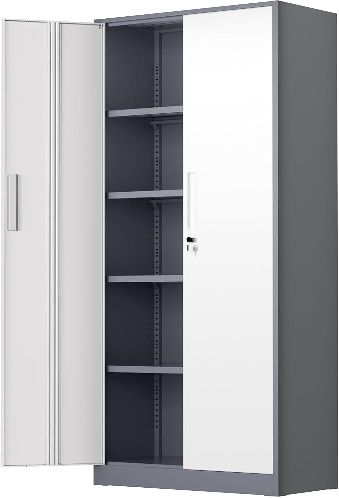 Bonusall 72" Metal Garage Storage Cabinet， Heavy-Duty Steel Cabinet with 2 Locking Doors & 4 Adjustable Shelves for Home, Office, or Workshop Organization(White Grey)
