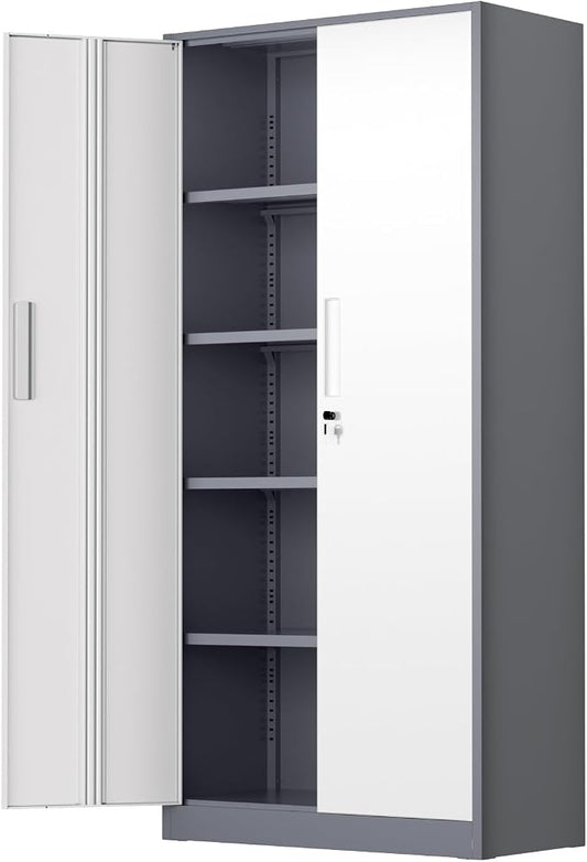 Bonusall 72" Metal Garage Storage Cabinet， Heavy-Duty Steel Cabinet with 2 Locking Doors & 4 Adjustable Shelves for Home, Office, or Workshop Organization(White Grey)