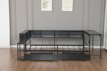 Bellemave Twin Corner Bed Frame with Desk and Storage, Twin Size cornner Bed with Charging Station and LED Light, Wood Daybeds with L-Shaped Bookcase and 2 Drawers, Black