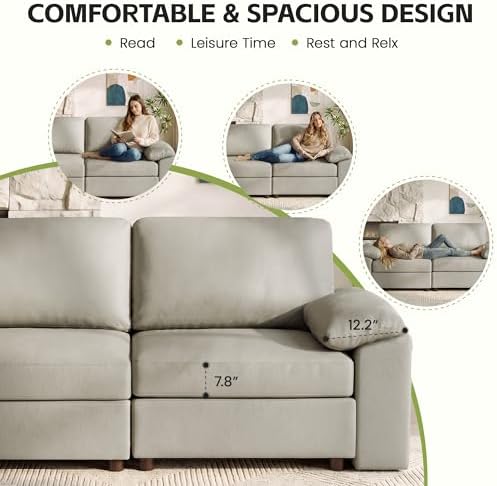 82.6'' Oversized Loveseat Sofa, Faux Leather Modular Sectional Couch, Deep Seat 2 Seater Sofas with Wide Armrest, Modern Comfy Cloud Settee Love Seat for Living Room, Greige