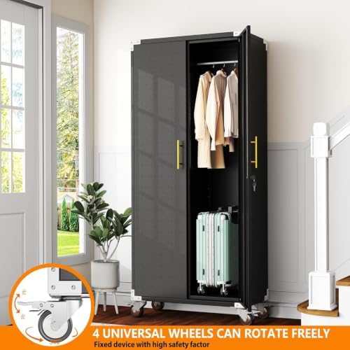 Broom Closet Storage Cabinet with Rolling, Metal Cleaning Cabinets with Hanging Rod and S-Hooks, Lockable Tool Cabinets, Utility Cabinet for Garden, Office, Laundry Room,Garage, Black