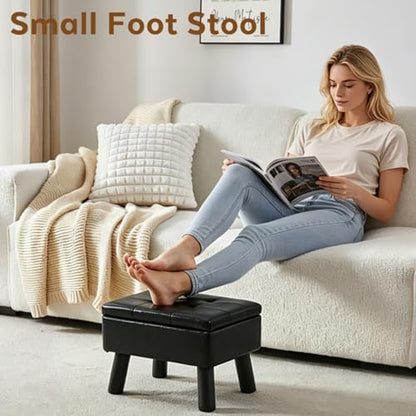 Storage Ottoman, Small Foot Stool Ottoman with Storage, Faux Leather Foot Rest with Wood Legs, Footstool for Living Room, Bedroom, Entryway, Black