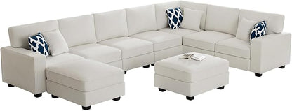 Legend Vansen Oversized Modular Sectional Sofa,U/L‑Shaped Reversible Couch with Ottoman,Deep Seat Plush Polyester Sofa for Living Room,9‑Seater,Cream