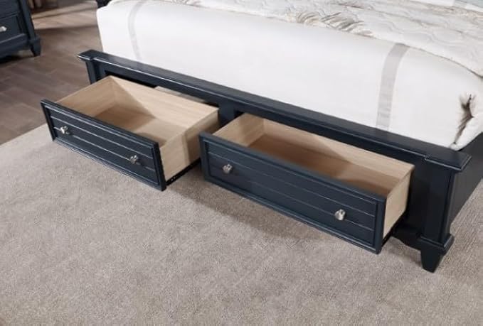 First of a Kind Queen Size Transitional Bedroom Furniture 4 Piece Set in Slate Blue - Panel Headboard Molding Footboard Drawers Nickel Knobs, Bed, Dresser, Mirror & Nightstand