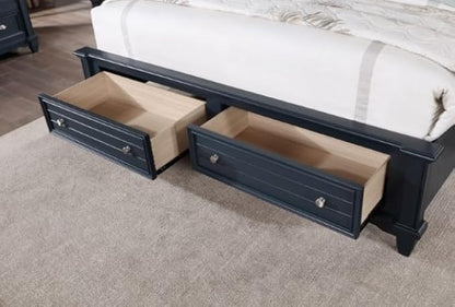 First of a Kind Queen Size Transitional Bedroom Furniture 5 Piece Set in Slate Blue - Panel Headboard Molding Footboard Storage Drawers Nickel Hardware, Bed, Dresser, Mirror, Nightstand & Chest