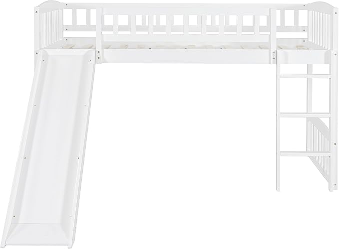 Twin Size Loft Bed, Wood Loft Bed with Slide and Ladder, White