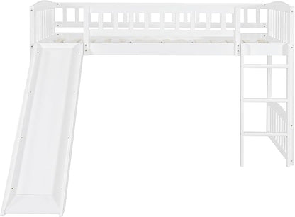 Twin Size Loft Bed, Wood Loft Bed with Slide and Ladder, White