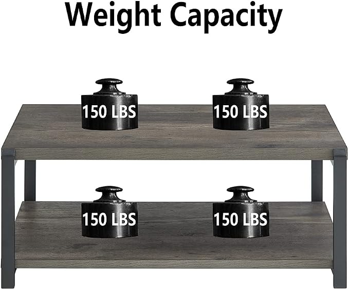 EXCEFUR Coffee Table with Storage Shelf, Rustic Wood and Metal Cocktail Table for Living Room, Grey