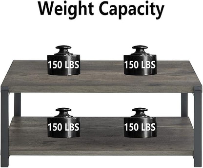 EXCEFUR Coffee Table with Storage Shelf, Rustic Wood and Metal Cocktail Table for Living Room, Grey