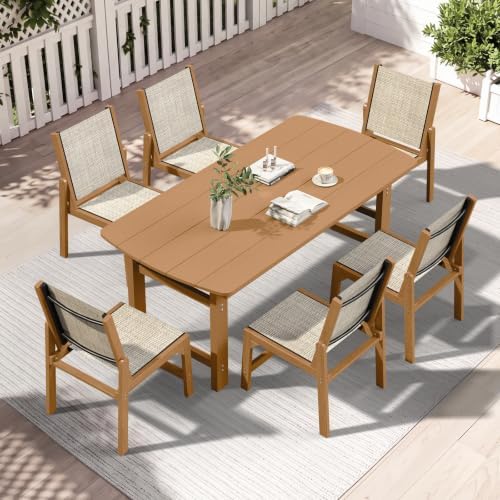 HDPE Outdoor Dining Set, Patio Table and 6 Stackable Chairs, Teak
