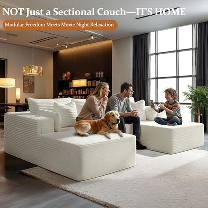 108" Cloud Sectional Couch, Comfort U Shaped Boneless Couch for Living Room, Extra Deep Seats No Assembly, Minimalist Modular Sofa, Corduroy (Cream, 2 Seater+Right Facing Chaise+Ottoman)