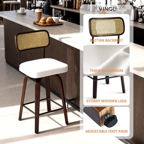 VINGLI Modern Bar Stool 26" H, PU Leather with Rattan Back, 360° Swivel, Solid Wood Legs Barstools for Kitchen Island & Home Bar, White 2 Pack