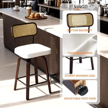 VINGLI Modern Bar Stool 26" H, PU Leather with Rattan Back, 360° Swivel, Solid Wood Legs Barstools for Kitchen Island & Home Bar, White 2 Pack