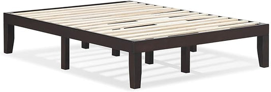 KOMFOTT 14 Inches Wood Platform Bed Frame Full Size, Wooden Mattress Foundation with Rubber Wood Frame, Strong Wooden Slat Support, No Box Spring Needed, Bed Frame (Dark Brown)
