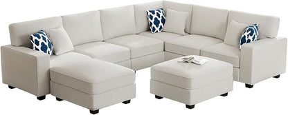 Legend Vansen Oversized Modular Sectional Sofa,U/L‑Shaped Reversible Couch with Ottoman,Deep Seat Plush Polyester Sofa for Living Room,8‑Seater,Cream