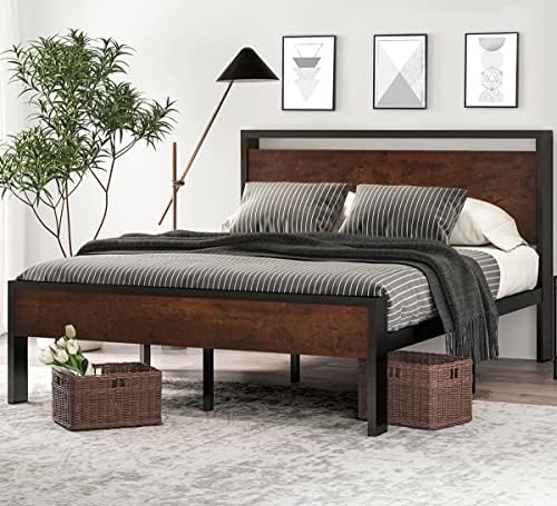 Wooden bed frame with bedding in a bedroom setting