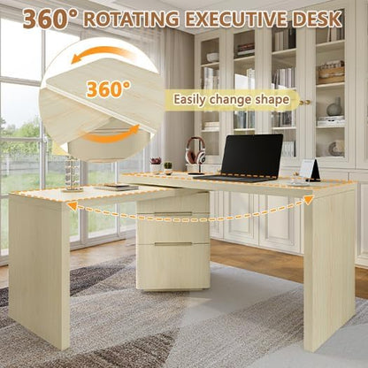 90” Modern L-Shaped Desk with 3 Drawers, 360° Wood Rotating Desk, Workstation for Home Office, Living Room, Natural Wood