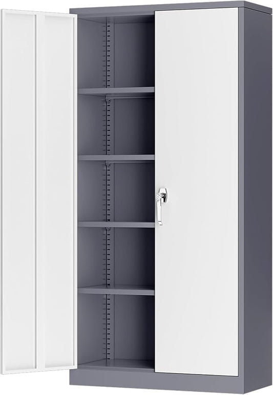 INTERGREAT Metal Storage Cabinet, 72” H Storage Cabinet with 2 Doors and 4 Adjustable Shelves for Office, Home, Garage, Pantry (Assembly Required, Grey White)