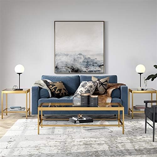 Henn&Hart 54" Wide Rectangular Coffee Table in Brass, Modern coffee tables for living room, studio apartment essentials | Open lower shelf adds practical storage while the glass design keeps spaces feeling bright