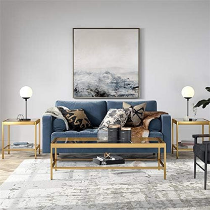 Henn&Hart 54" Wide Rectangular Coffee Table in Brass, Modern coffee tables for living room, studio apartment essentials | Open lower shelf adds practical storage while the glass design keeps spaces feeling bright