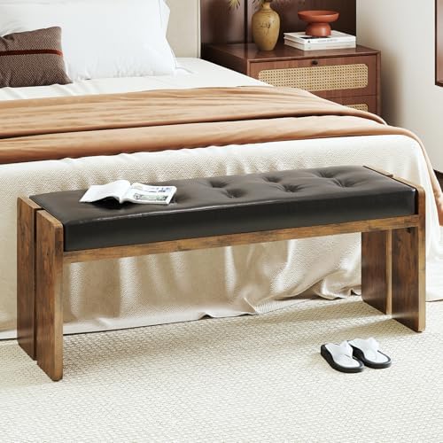 Upholstered Dining Bench with PU Leather Seat, Brown/Black