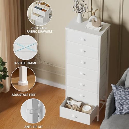 White Tall Dresser for Bedroom, Chest of Drawer with Fabric Drawer