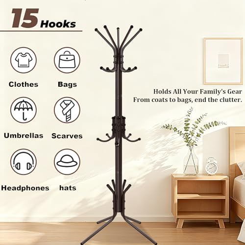 Metal Coat Rack, Freestanding Coat Tree & Hall Tree with 15 Hooks, Sturdy Coat Rack Stand and Hat Rack, Coat Hanger for Entryway, Bedroom, Office for Jackets, Hats, Bags,Brown