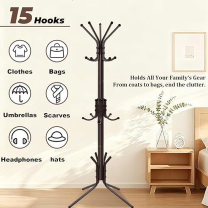 Metal Coat Rack, Freestanding Coat Tree & Hall Tree with 15 Hooks, Sturdy Coat Rack Stand and Hat Rack, Coat Hanger for Entryway, Bedroom, Office for Jackets, Hats, Bags,Brown