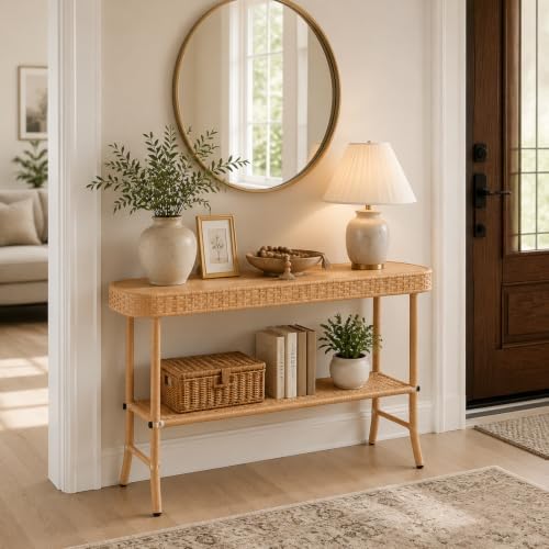 Entryway Table with Storage, 2-Tier 47inch Console Table with Woven Wrap